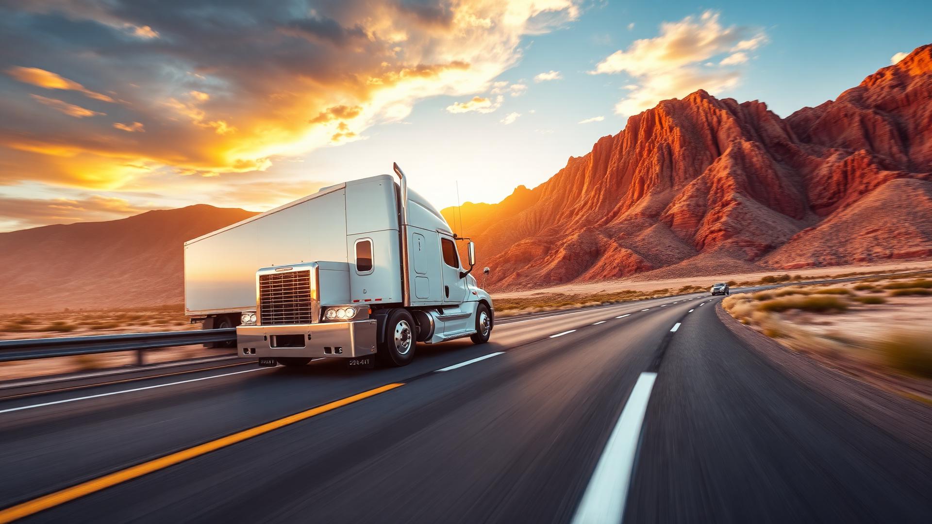 Semi-truck driving on an open American highway at sunset